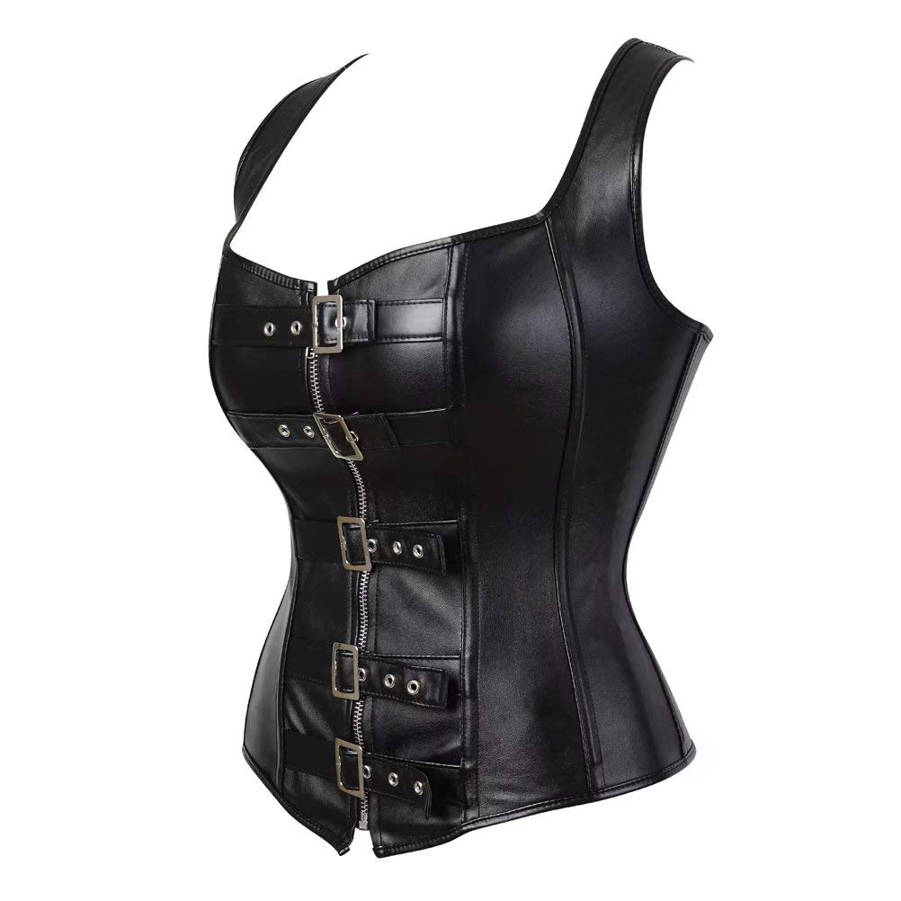 Josamogre Bustier Cuir Corset Suspenders Femme Gothique Steampunk Simili Lingerie Vogue Aciers Noir