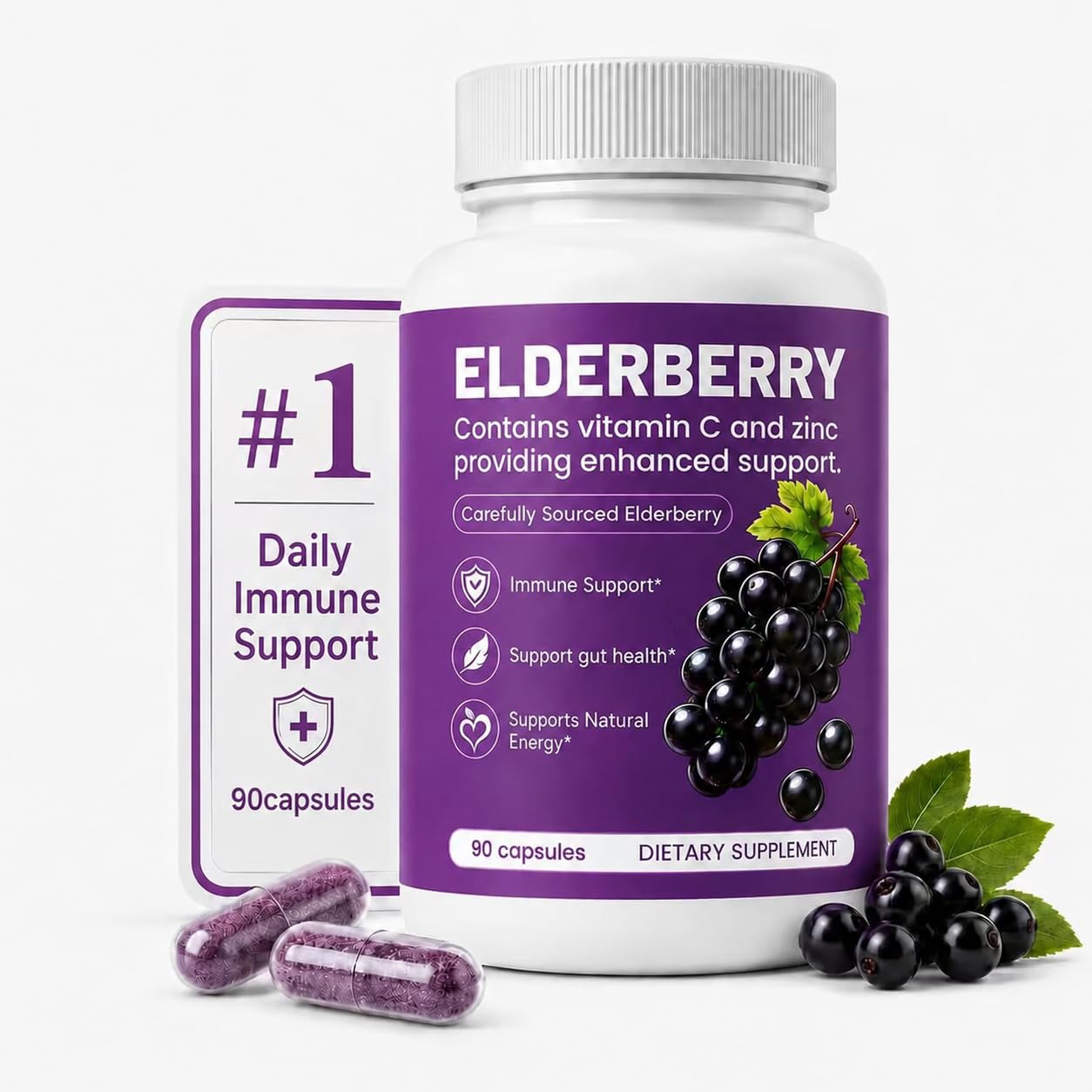 Elvera Elderberry Gut Support with 1200mg Elderberry Extract, Vitamin C and Zinc | Daily Immune & Digestive Balance for Everyday Wellness & Healthy Metabolism 90 Capsules