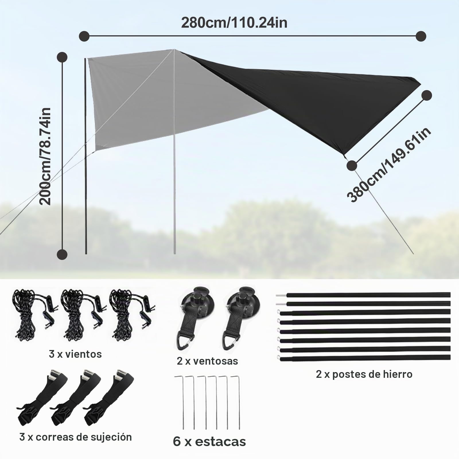 Toldo para Coche, 280 x 380 cm Toldo de Coche Acampar Gran | Impermeable Universal Tienda de Campaña con Barra de Tienda y Cinturón de Seguridad, Toldo Grande para Coche, SUV, Furgoneta
