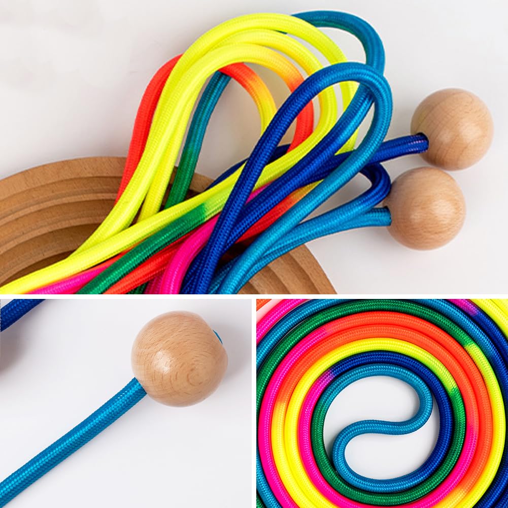 wllqinte Corda per saltare per più giocatori, 5 m, corda per saltare la corda per bambini, con manico a sfera in legno, corda per saltare gruppi, corda arcobaleno, per bambini e adulti