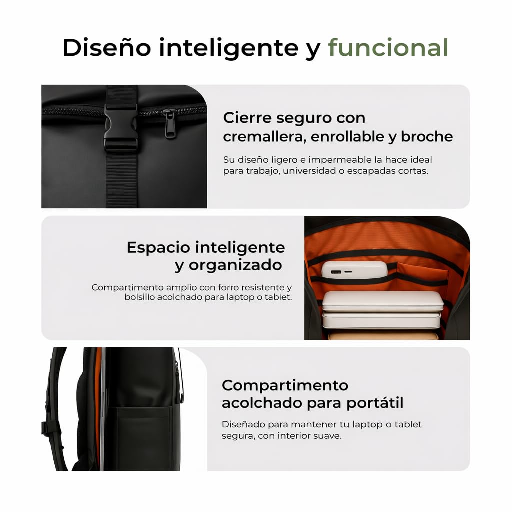 Mochila Enrollable Impermeable Rolltop Expandible 20-25L con Acceso Rápido Portátil, Casual Hombre Mujer, Ligera, Organizadores, Asa Torlley, Correas Acolchadas, Viaje, Trabajo, Universidad, Negra