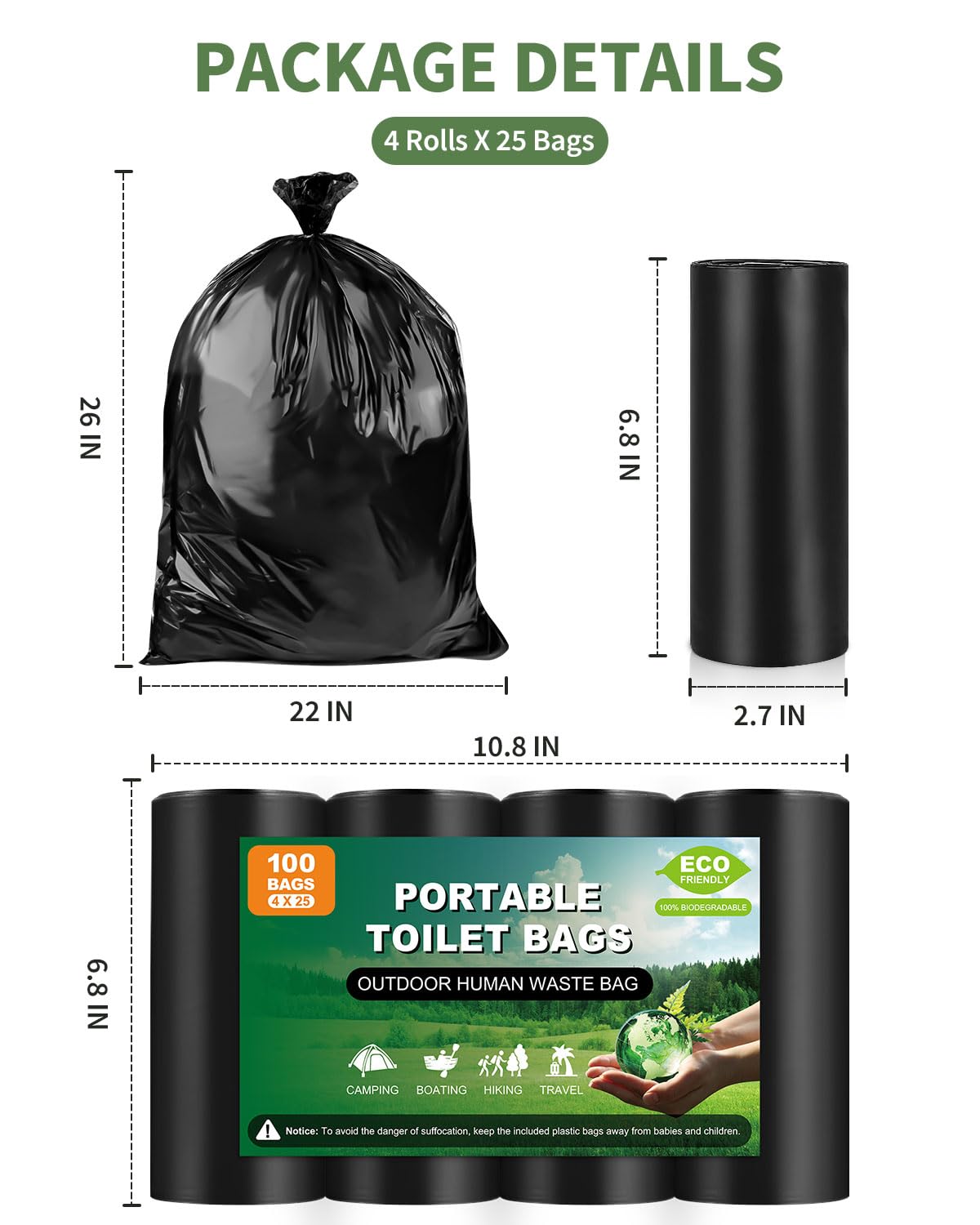 50 bolsas de inodoro portátiles, gruesas y biodegradables para camping, bolsas de inodoro para orinal portátil, bolsas de basura de inodoro de compostaje de 8 galones, bolsas de orinal para asiento de