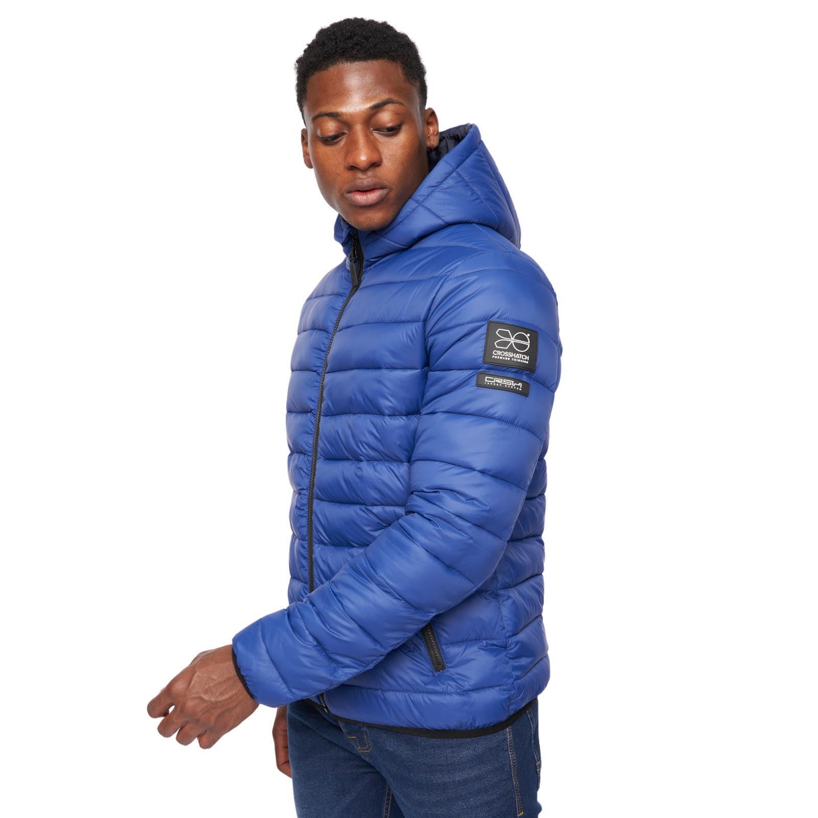 Crosshatch Men's Padded Quilted Puffer Shower Resistant Jacket with Zip Pockets Hood and Pockets Winter Coat by JEANBASE Royal L