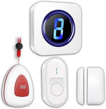 3 in 1 home care kit, wireless doorbell for visiting call+SOS emergency button for elderly assistance+door alarm for door opening reminder, LED receiver,55 ringtones, 5 volumes, 900 foot range