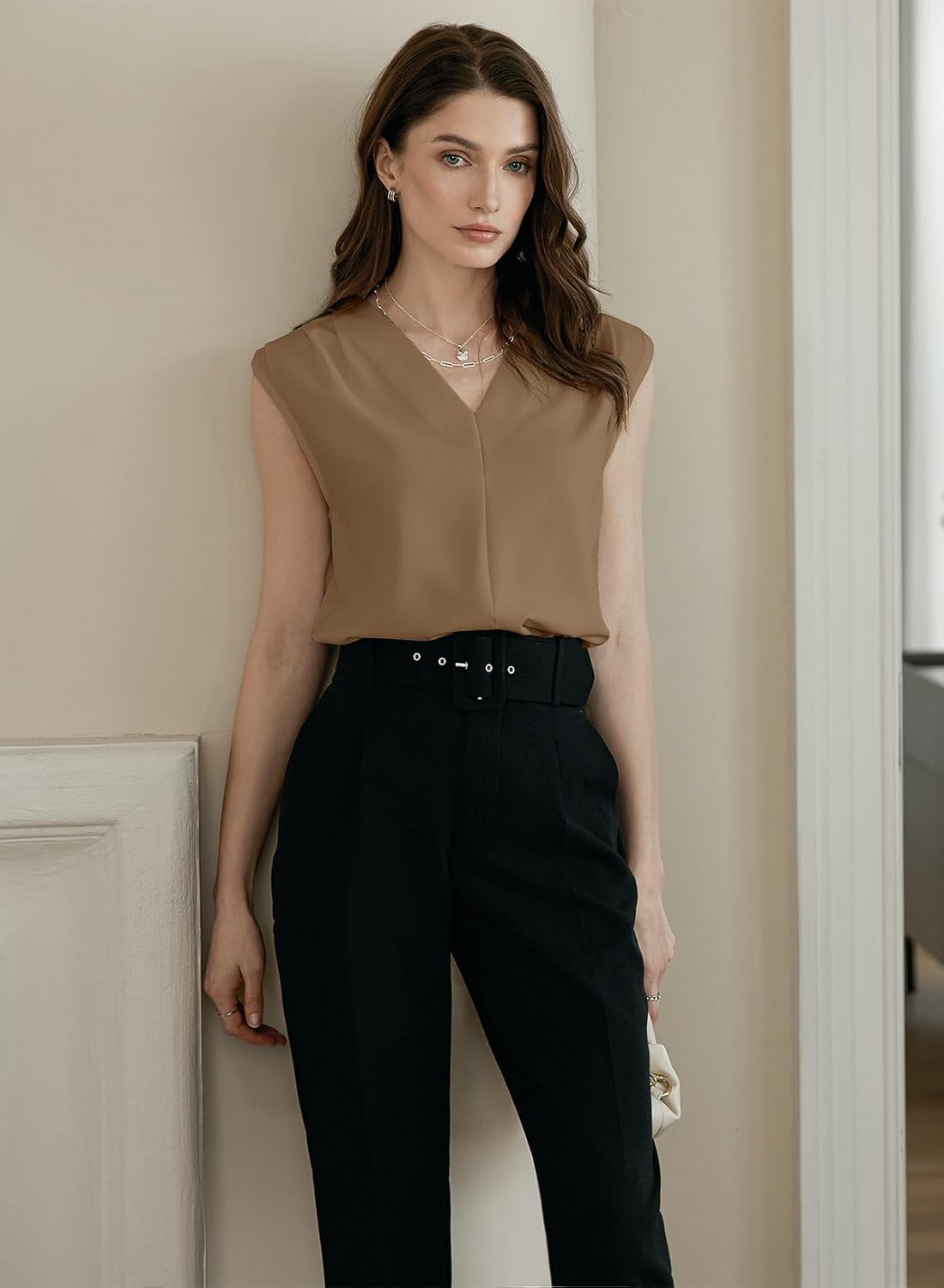 EVALESS Women's Pleated V Neck Sleeveless Tank Top - Image 2