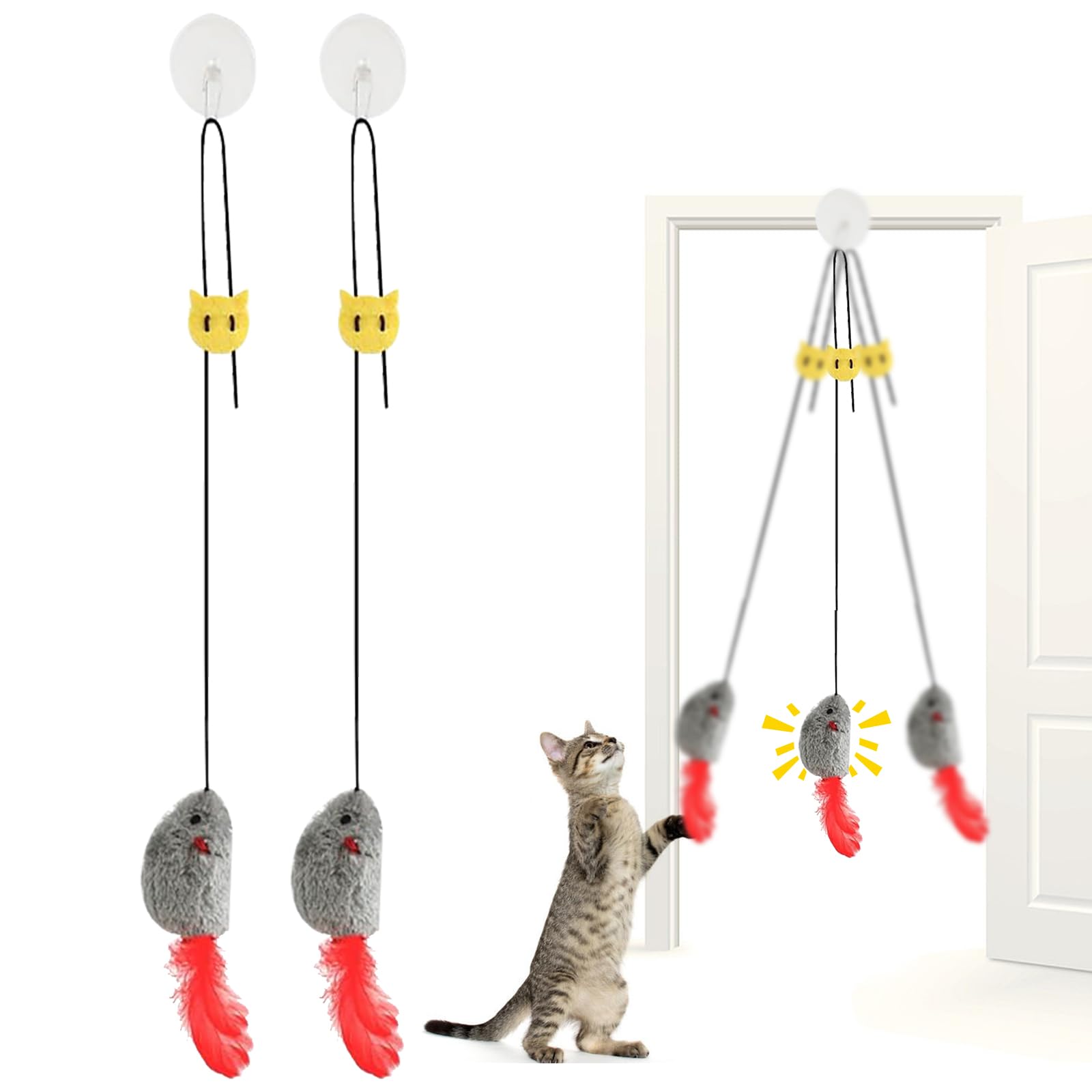 Katzenspielzeug 2-teilig – Interaktive Hängende Mäuse Mit Quietschgeräusch, Federschwanz, Für Indoor-Katzen