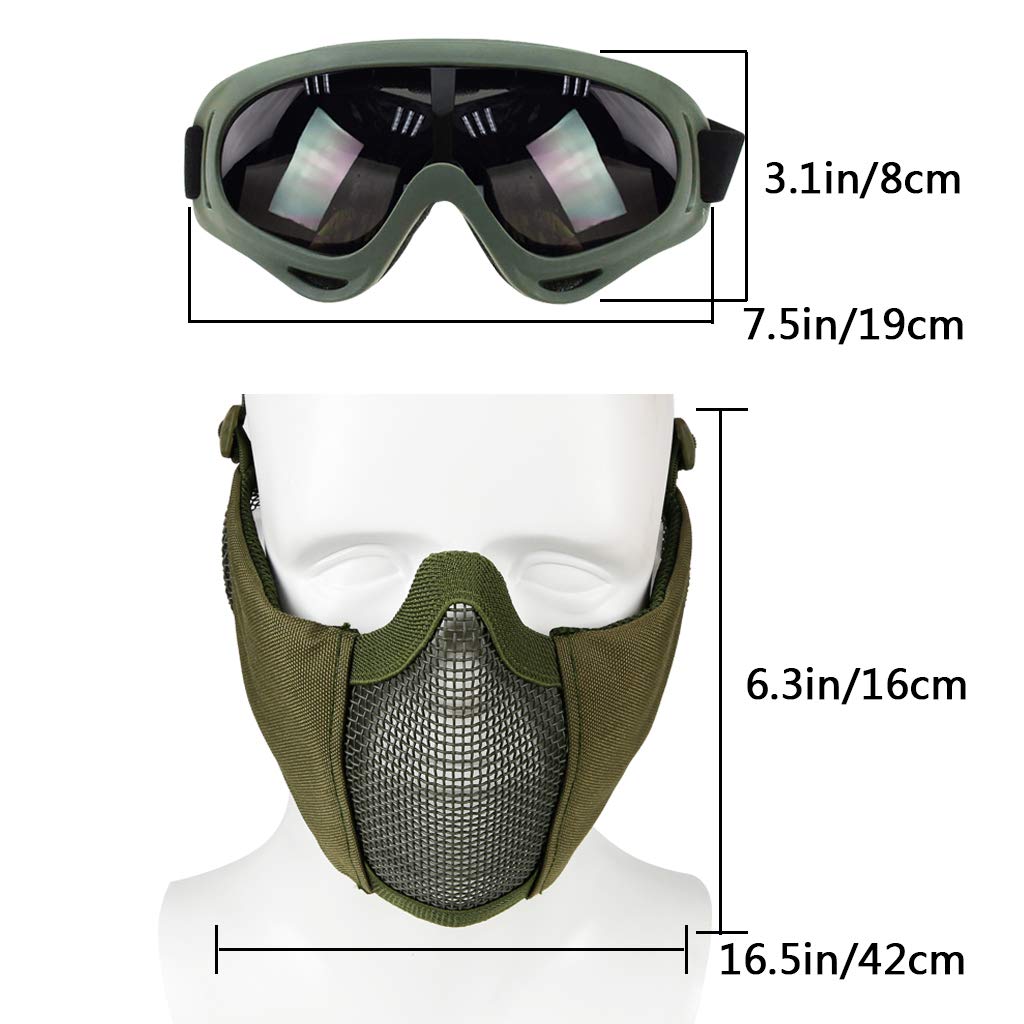 Set di accessori protettivi per softair, maschera a metà viso in rete con protezione per le orecchie, e occhialini per CS / caccia / paintball / tiro