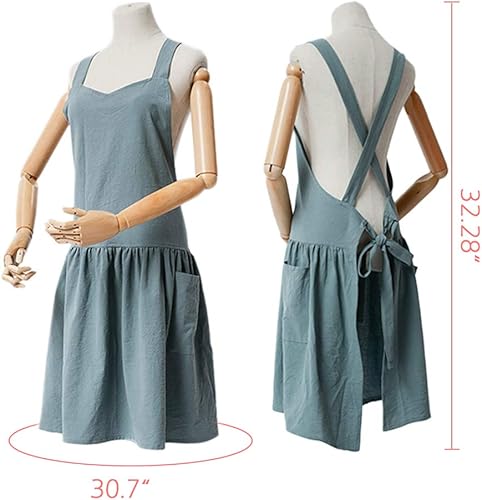 Miniatura 9 de NEWGEM Delantal de lino y algodón con espalda cruzada para mujer, con bolsillos para cocinar, pintura, color beige, sin lazos en la cintura