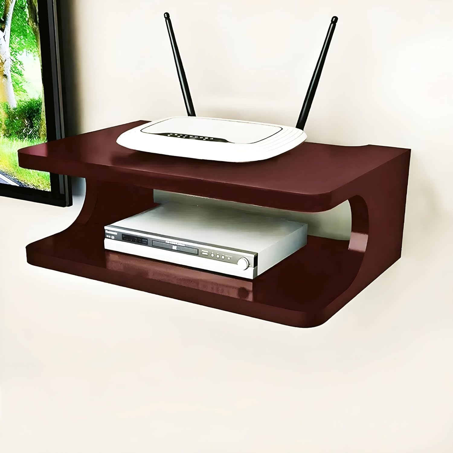 wifi router holder: wooden wall shelves | home setup box stand | wall mount chic wifi router holder tv cabinet living room furniture brown