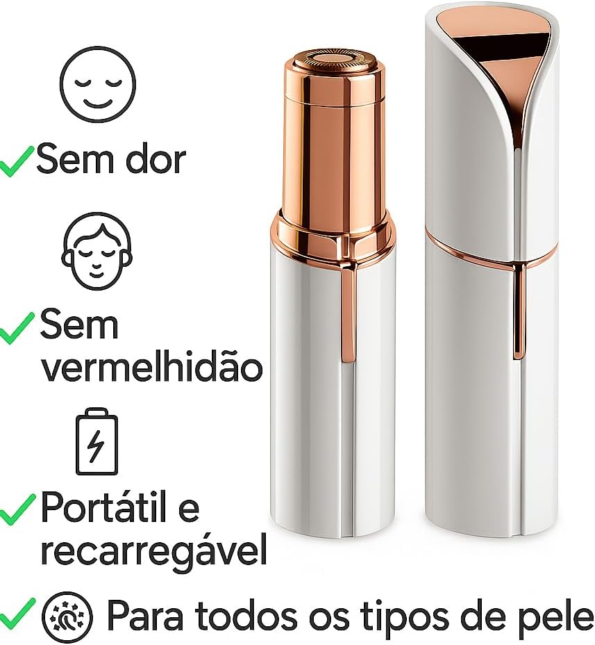 Depilador Facial Feminino Zero Incômodo Recarregável USB Formato Batom com Luz LED Removedor de Pelos Portátil para Rosto Buço e Sobrancelhas