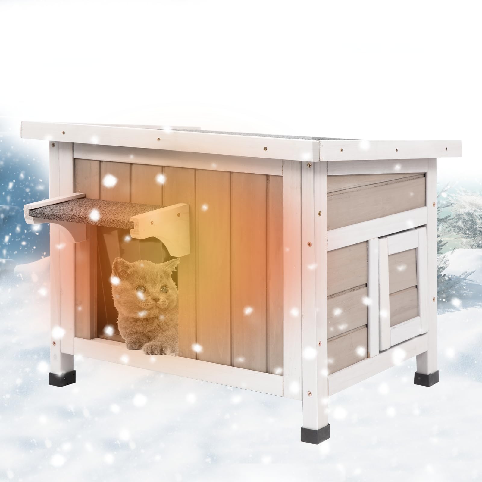 Outdoor Cat House Feral Cat Shelter for Winter, Insulated and Thermostatic Feral Cat House Weatherproof Solid Wood, Easy Assembly Cat Shelter with Open Roof,22.44x18.43x17.52 in