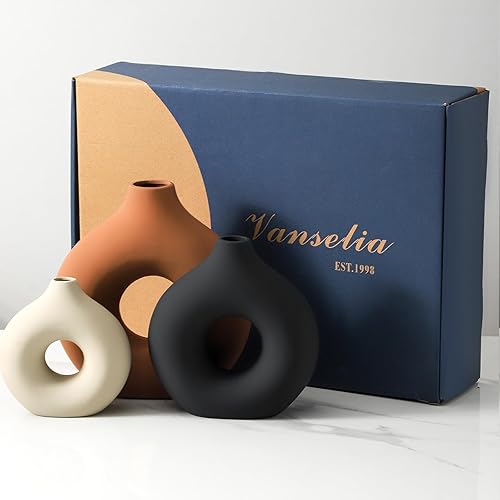 Vista 6 de Juego de 3 jarrones de cerámica Vanselia para decoración de mesa del hogar - Jarrones florales pequeños para centro de mesa de sala de estar