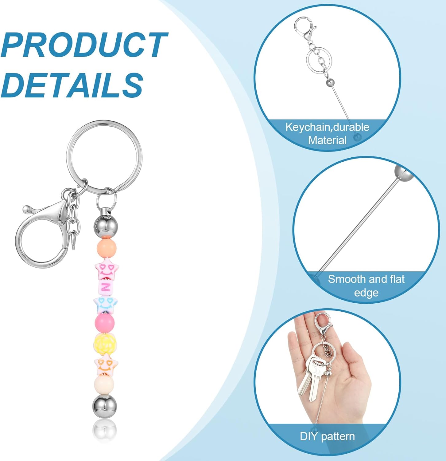 20 Pcs Beadable Keychain Bars, Blank DIY Kit for Beads, Metal Beaded Making Supplies - Image 2