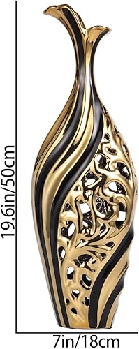 Miniatura 2 de Jarrón de piso de 19 pulgadas de alto, jarrón de cerámica negra y dorada, florero decorativo de cerámica, jarrón único de hierba de las pampas para