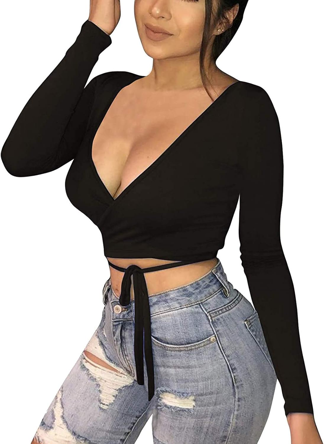 Artfish Women Sexy Deep V Neck Crop Top Bandage Wrap Tie Tight Cropped Fitted Cleavage Shirts - Image 4