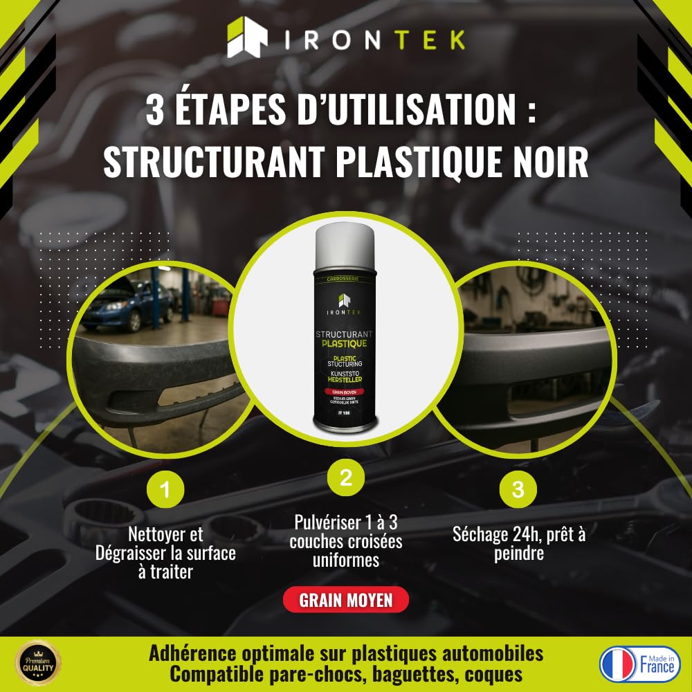 Rénovation Pare-Chocs 500ml - IRONTEK | IT138 | Restructurant Plastique Grain Moyen | Forte Adhérence | Haut Pouvoir Couvrant | Formule Professionnelle Carrossier