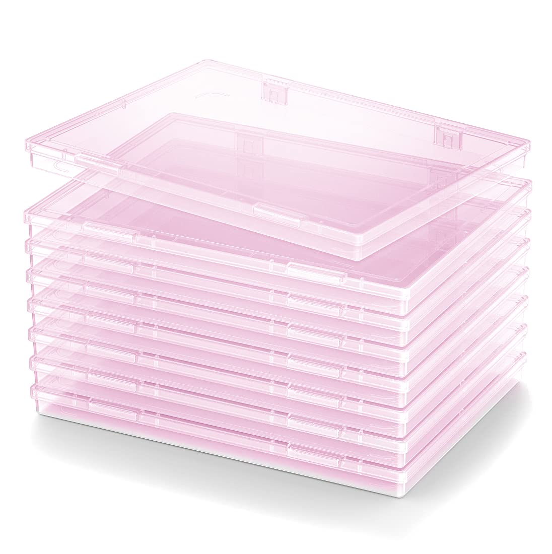 iBune 8 Pack A4 File Project Case, Plastic Storage Box for 8.27" x 11.69" A4 Paper, Documents Magazines Paper Holder Protector, Clear Slim Storage Organizer for Office Supplies Accessories,Pink