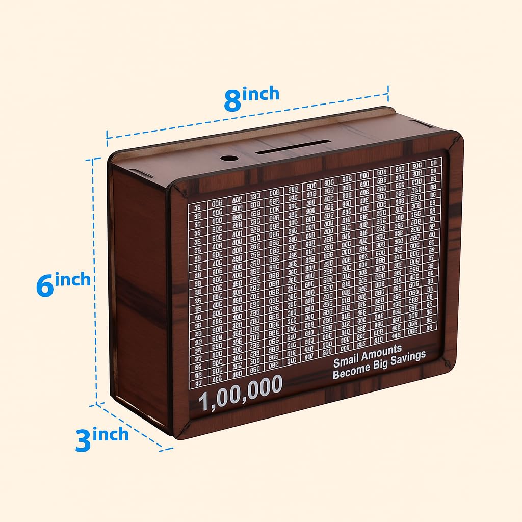 Money Saving Box for Adult 100000 – Wooden Piggy Bank with Number Tracker | Secure Gullak, Milestone Money Bank for Smart Savings & Gifting 1