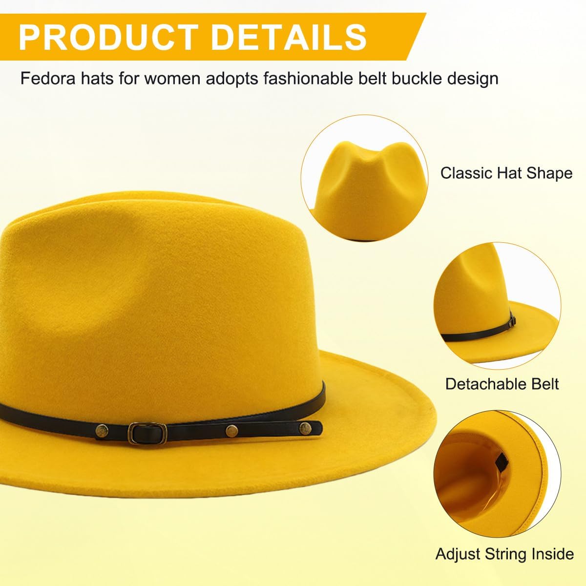 Women Wool Fedora Hat with Belt Buckle Classic Felt Wide Brim Panama Hat - Image 3