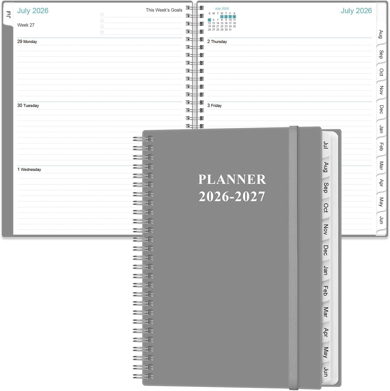 2026-2027 Planner - 2026-2027 Weekly Monthly Planner from July 2026 to June 2027 with 12 Monthly Tabs, Inner Pocket, Elastic Closure, 8.5" x 11", Grey