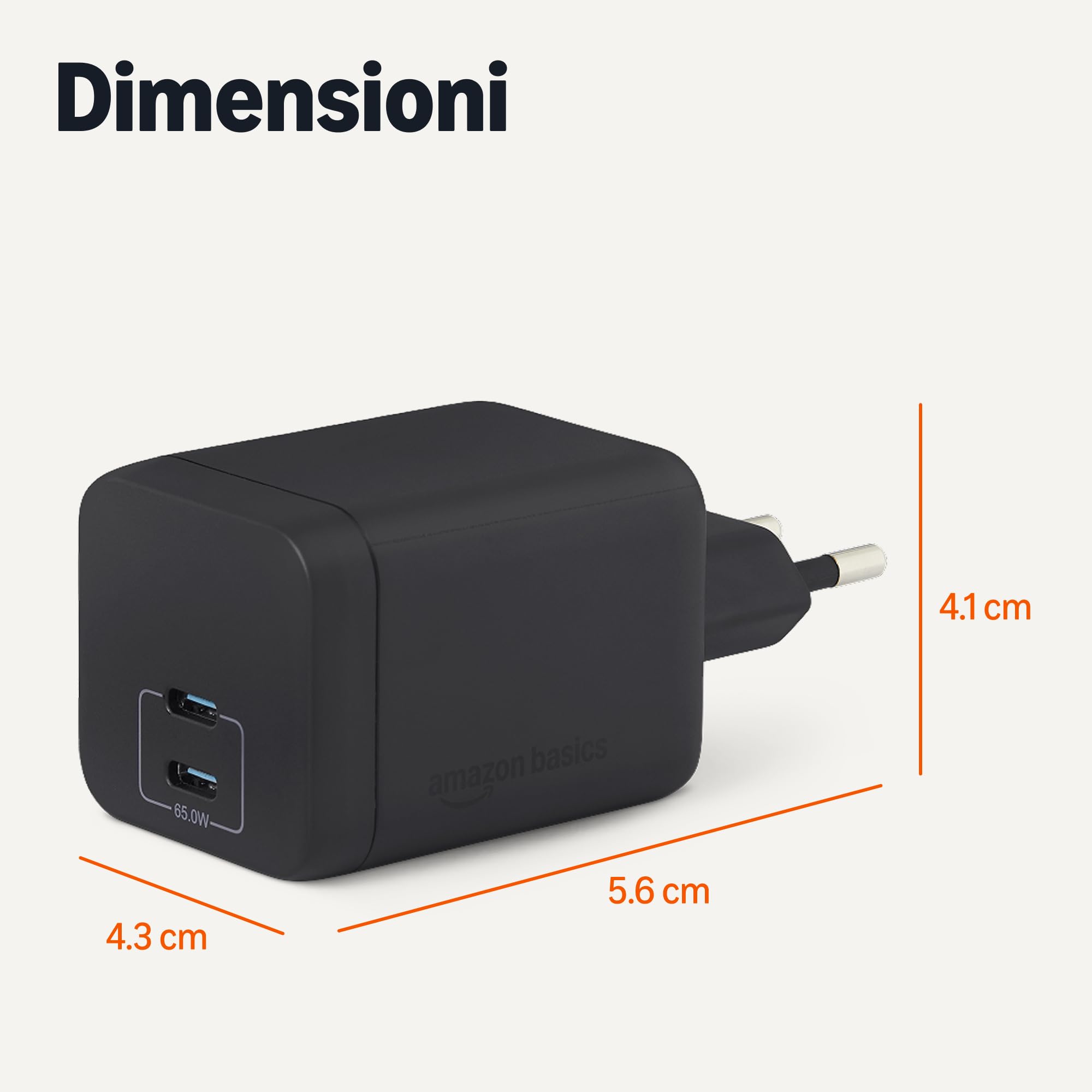 Amazon Basics Caricabatterie da Parete Nano GaN USB-C con Ricarica Rapida, 65W a 2 Porte per Laptop, Tablet e Smartphone, Nero