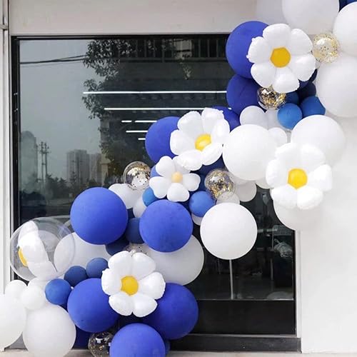 PartyWoo 140 guirnaldas de globos de margarita, paquete de globos azul rey, globos blancos y globos de flores de margarita de aluminio para
