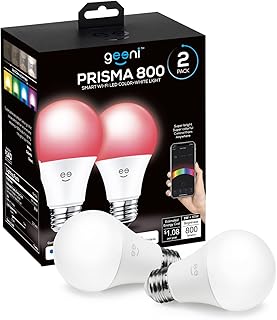 Geeni Prisma 800 2700K Dimmable A19, 60W Equivalent Color Changing RGBW LED Smart WiFi Light Bulb, Works with Alexa and Google Home, No Hub Required, Requires 2.4GHz WiFi  (2 Pack)