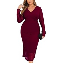 ZOMVA Plus Size Wrap Mesh Cocktail Dress V Neck Long Sleeves Midi Dress Wedding Guest Party Bodycon Dress