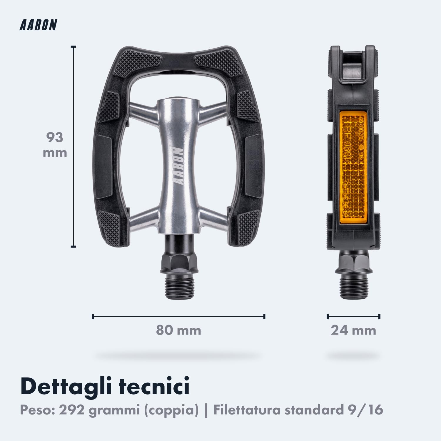 AARON City Pedali da bicicletta con impugnatura in gomma antiscivolo e cuscinetto a sfera industriale sigillato, pedali da trekking con riflettori per e-bike, trekking, City Bike, Argento/Nero