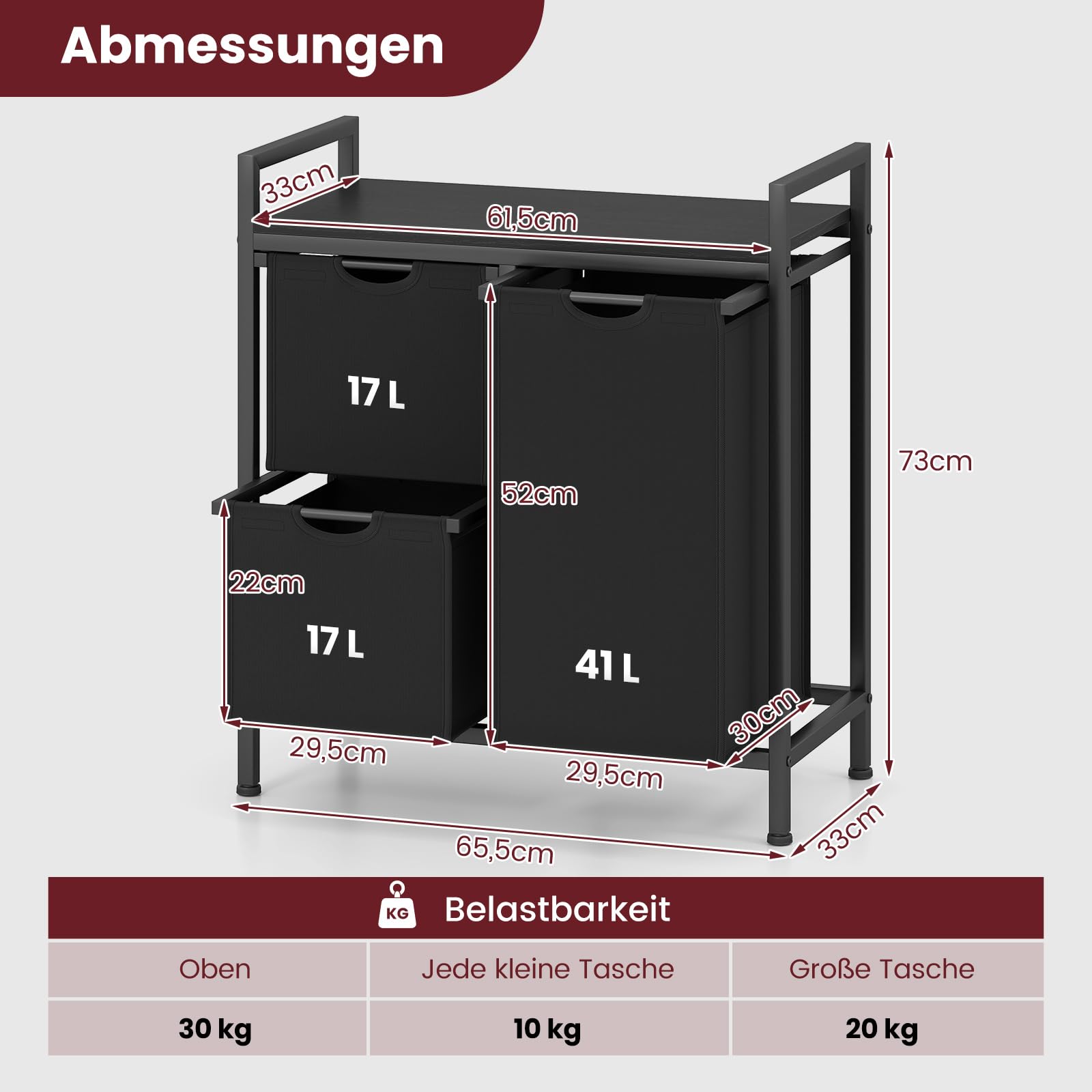 COSTWAY Wäschekorb 3 Fächer, Wäschesammler mit Ablage, 75 L Wäschesortierer mit 3 abnehmbaren Taschen & Metallrahmen, Wäschebox ausziehbar für Waschküche Badezimmer Wohnheim (3 Fächer-Schwarz)