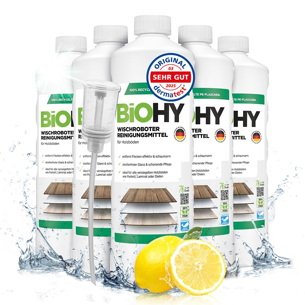 BiOHY Detergente robot pulenti (6 bottiglie da 1l) + Distributore | Detergente per i pavimenti in legno | parquet e laminato | Concentrato economo dall'odore fresco (Wischroboter Holz)