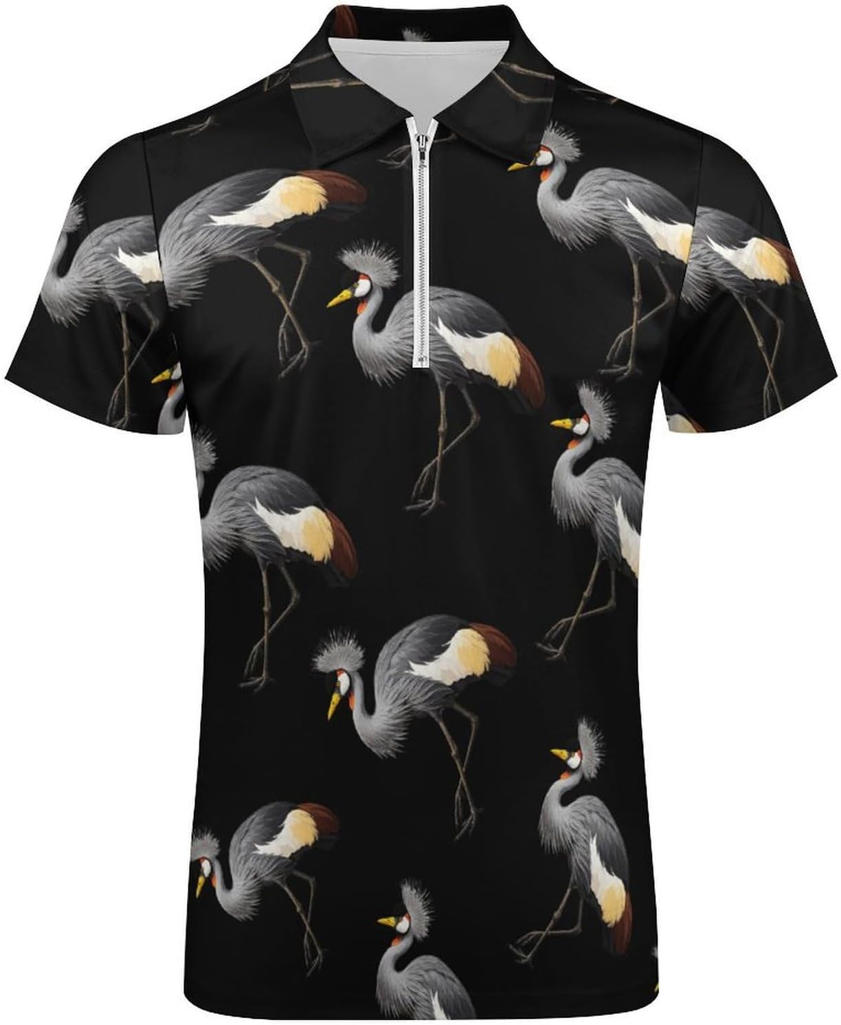 Grey Crowned Crane Polo Shirts for Men Short Sleeve Athletic Golf Tees Tops | Casual Summer Zippered V Neck Mens T-shirts Sports Quick Dry Tennis