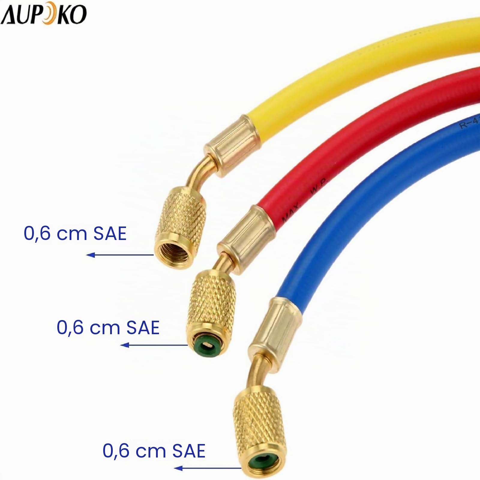 Aupoko Kältemittel-Klimaanlagen-Ladeschläuche mit Kugelventilen, 3-Farben 60" R410A HVAC 1/4" SAE 800 PSI Arbeitsdruck, passend für R134A R12 R22 R502 R404 Kühlmittelzugabe und Klimaanlagenwartung