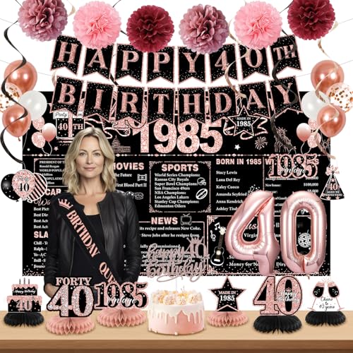 40th Birthday Decorations for Women, Rose Gold Back In 1985 Birthday Banner Decorations, Happy 40th Birthday Cake Topper, Balloons, Backdrop, Table Decorations, Sash Party Supplies for Women