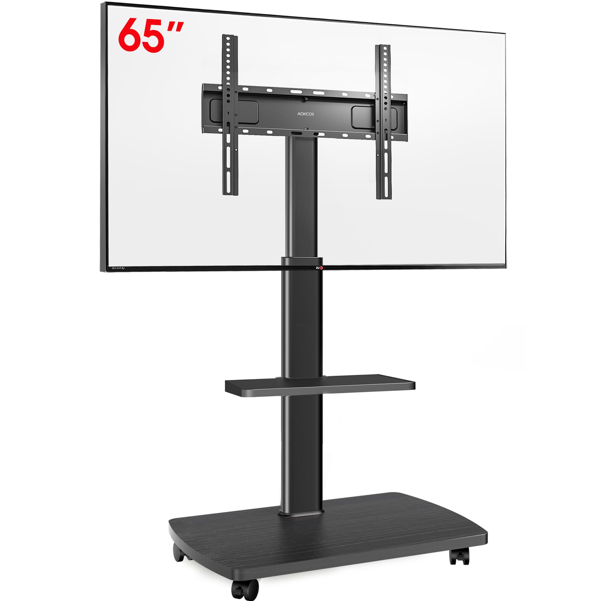 AOKCOS TV Ständer Rollbar mit Holzablage Regal, Fernsehständer auf Rollen für 32-65 Zoll, bis 40 kg, VESA 400x400mm (Schwarz)