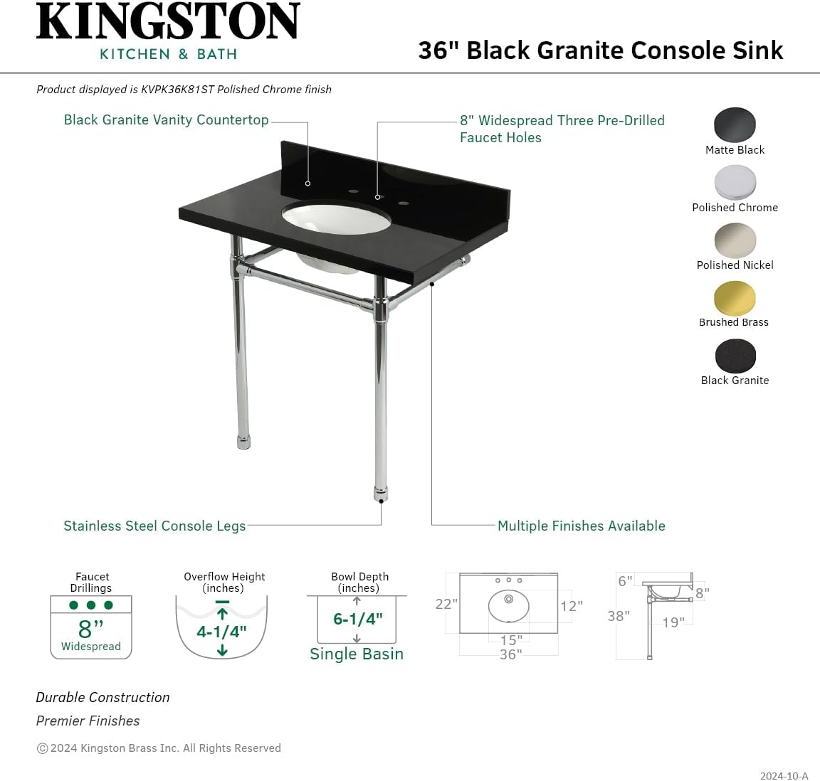 Kingston Brass KVPK36K87ST Dreyfuss 36" Black Granite Console Sink with Stainless Steel Legs, Black Granite/Brushed Brass