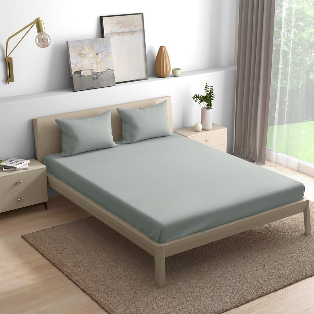 Wakefit Cotton Fitted Bedsheet | 300 TC Elastic Fitted Sheet, Queen Bed Bedsheet with 2 Pillow Covers | Natural Grey - 78x60 inches