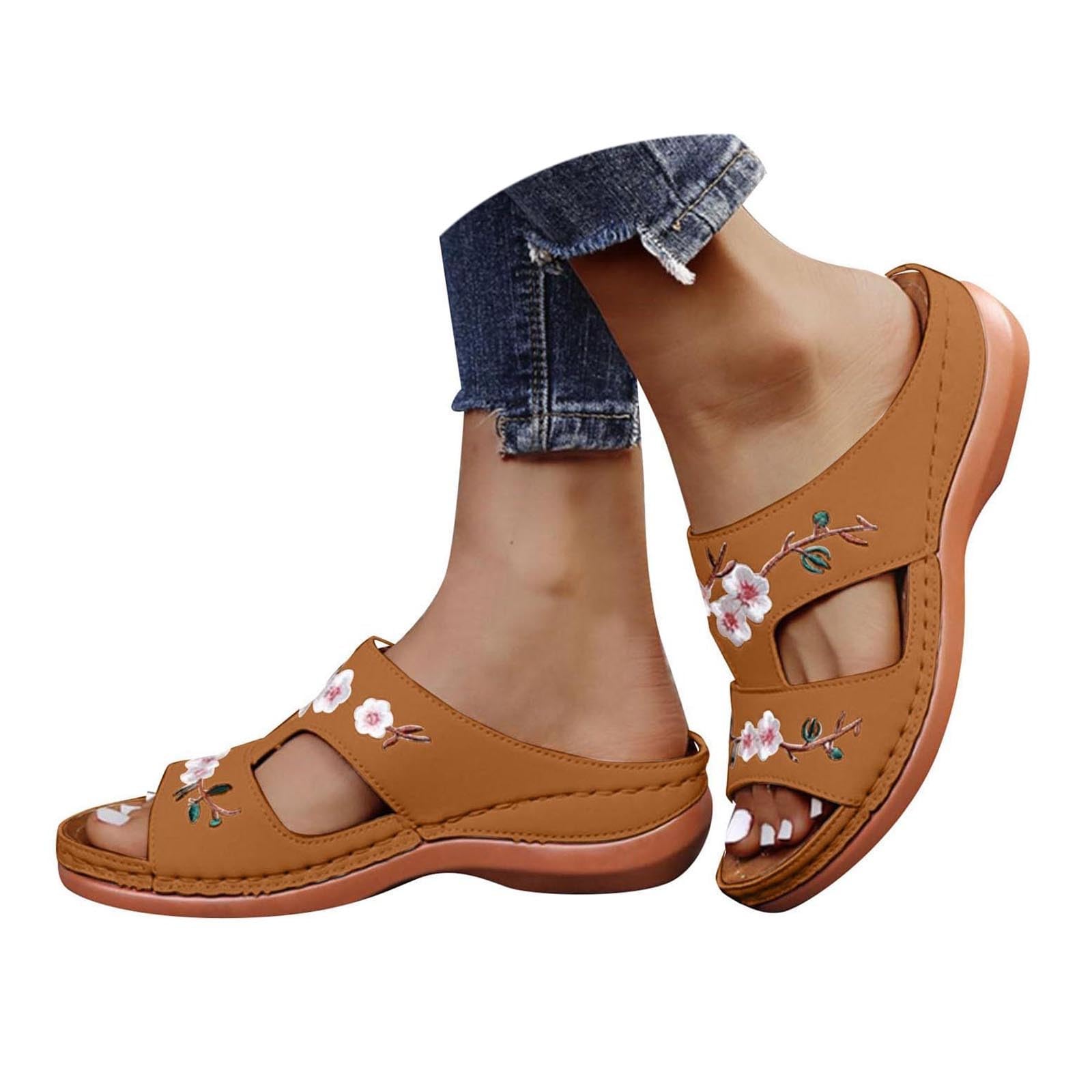 Sandales Orthopédiques Femme Été Confortable Mules en Cuir Mode Bout Ouvert Compensées Plateforme Pantoufles Fleurs Broderie Motif Sandales de Plage Femmes Décontractée Marche Sandale