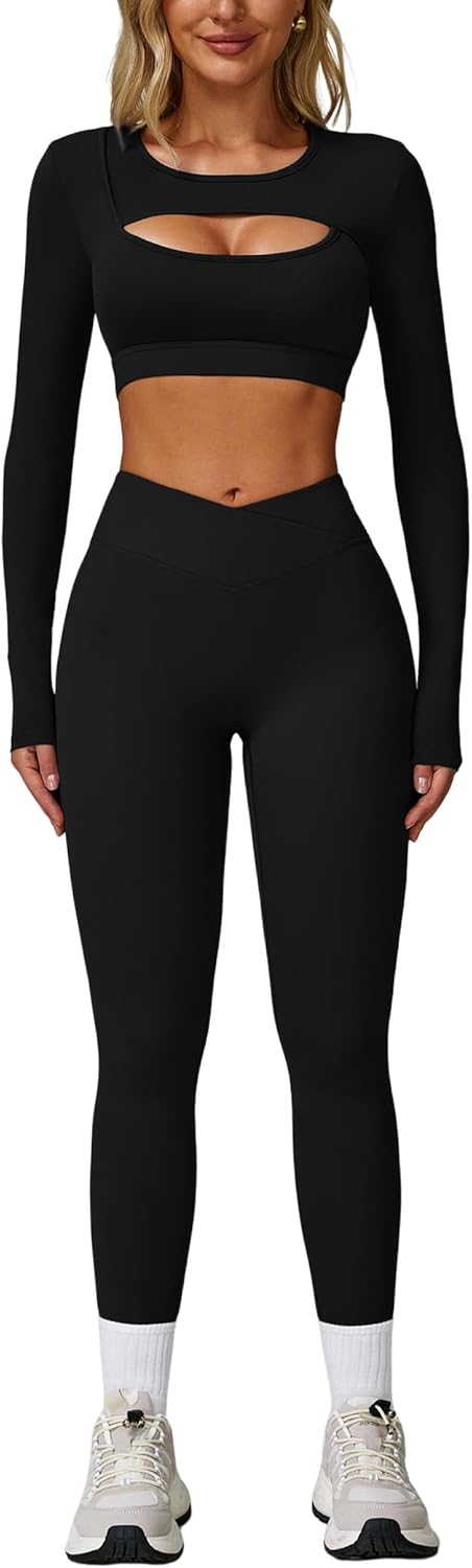 ABEHIK Workout Sets for Women 2 Piece Long Sleeve Seamless Cutout Crop Tops High Waist Leggings Yoga Athletic Gym Set
