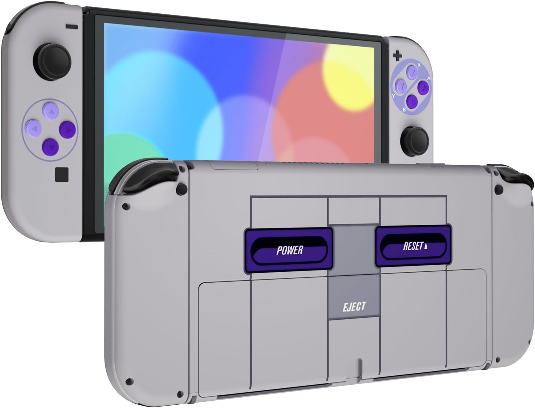 eXtremeRate Classic SNES Style Full Set Shell for Nintendo Switch OLED, Replacement Back Plate & Metal Kickstand NS Joycon Handheld Controller Housing & Buttons for Nintendo Switch OLED