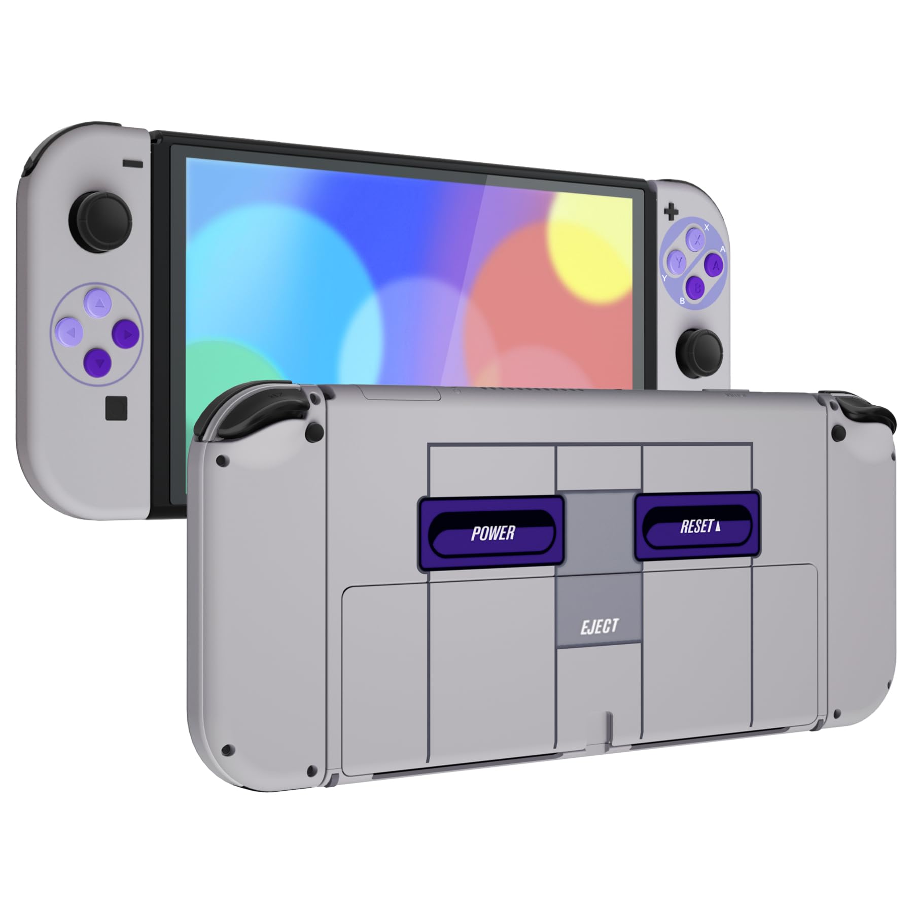 eXtremeRate Classic SNES Style Full Set Shell for Nintendo Switch OLED, Replacement Back Plate & Metal Kickstand NS Joycon Handheld Controller Housing & Buttons for Nintendo Switch OLED
