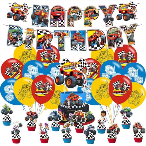 Cartoon for Blaze and The Monster Party Supplies Birthday Decorations Set Include Banner Balloons Hanging Swirls Cake Cupcake Toppers for Boys Girls Party.