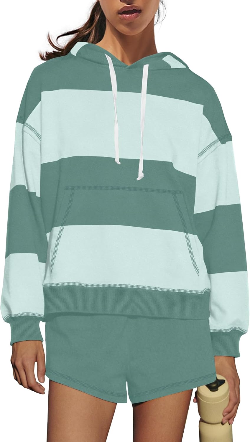 LAMISSCHE Womens Sweatsuits 2 Piece Set Striped Lounge Set Oversized Hoodie And Shorts Sets Matching Workout Sets - Image 3