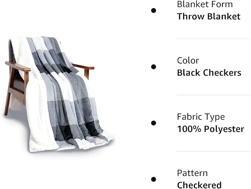 Miniatura 8 de NANPIPER Manta sherpa, cálida y mullida a cuadros, manta de forro polar suave para cama, tamaño individual a cuadros negros, 60 x 80 pulgadas