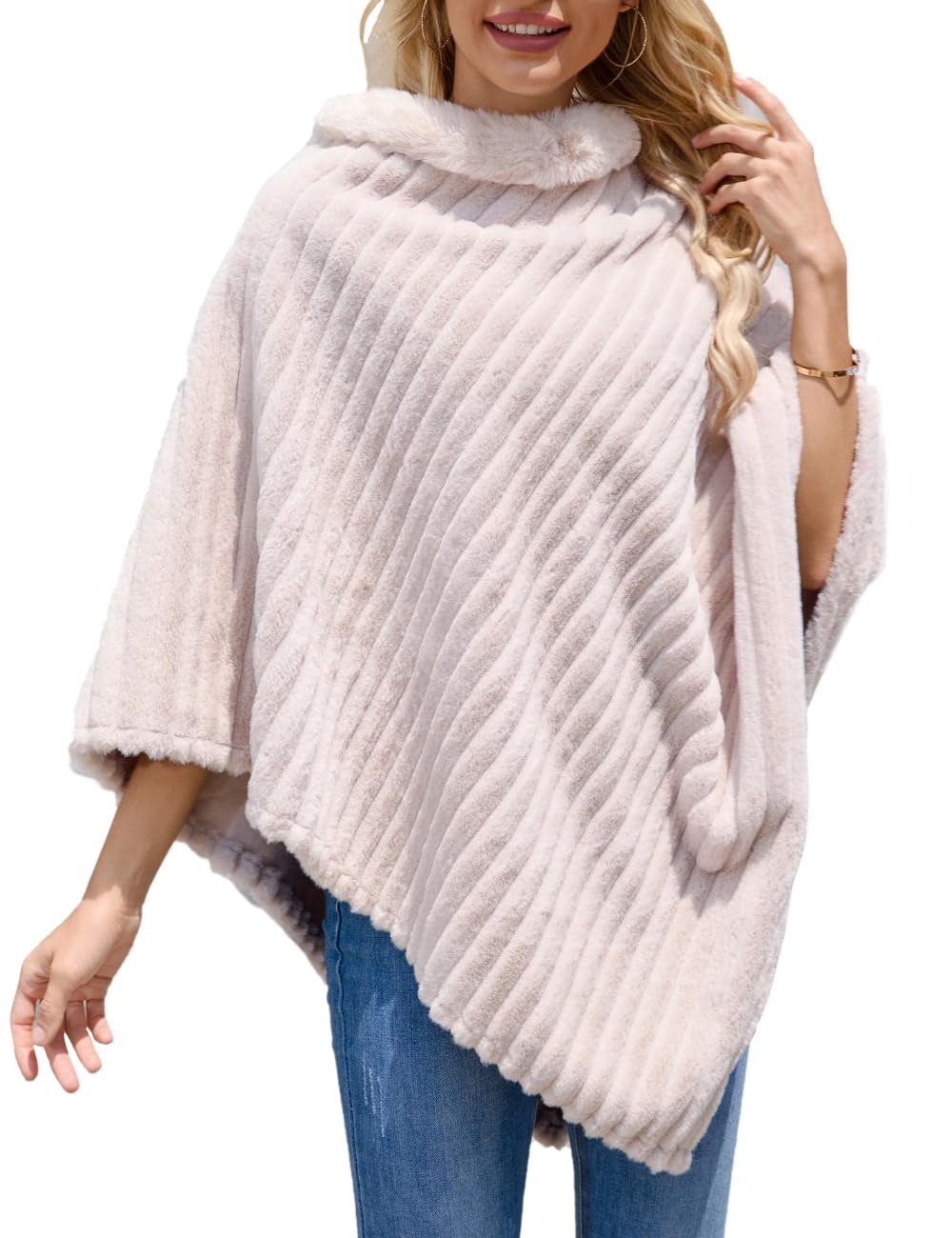 ZLYC Dames open front faux fur poncho cape cardigan sweater gebreide jas, Kaki, One size