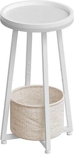 HOOBRO Mesa auxiliar redonda pequeña, mesa auxiliar redonda de 2 niveles, mesita de noche compacta con cesta de almacenamiento de tela, para