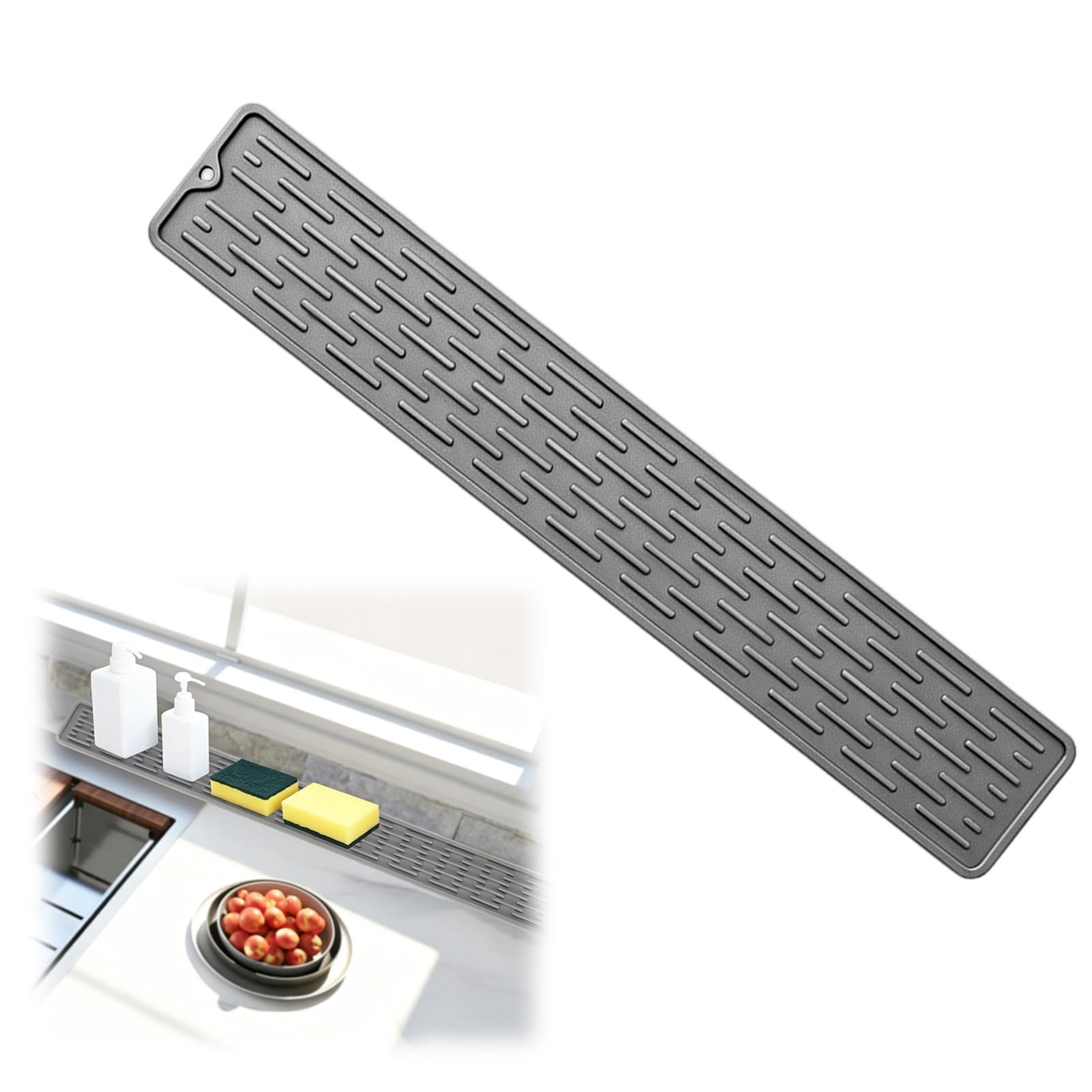 Silicone Sink Faucet Mat for Kitchen Sink, Narrow Splash Guard & Draining Mat – Non-Slip Sink Protector for Countertops, Extended Sink Protector for Kitchen, Bathroom, and Living Room – Light Grey