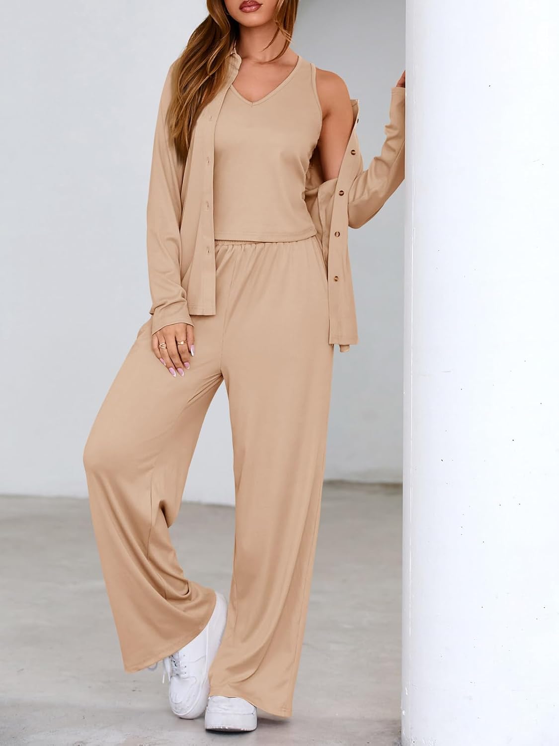 Tankaneo Womens 3 Piece Pajama Set Long Sleeve Shirts V Neck Tank Top Wide Leg Pants Sweatsuit Lounge Sets 2025 - Image 5