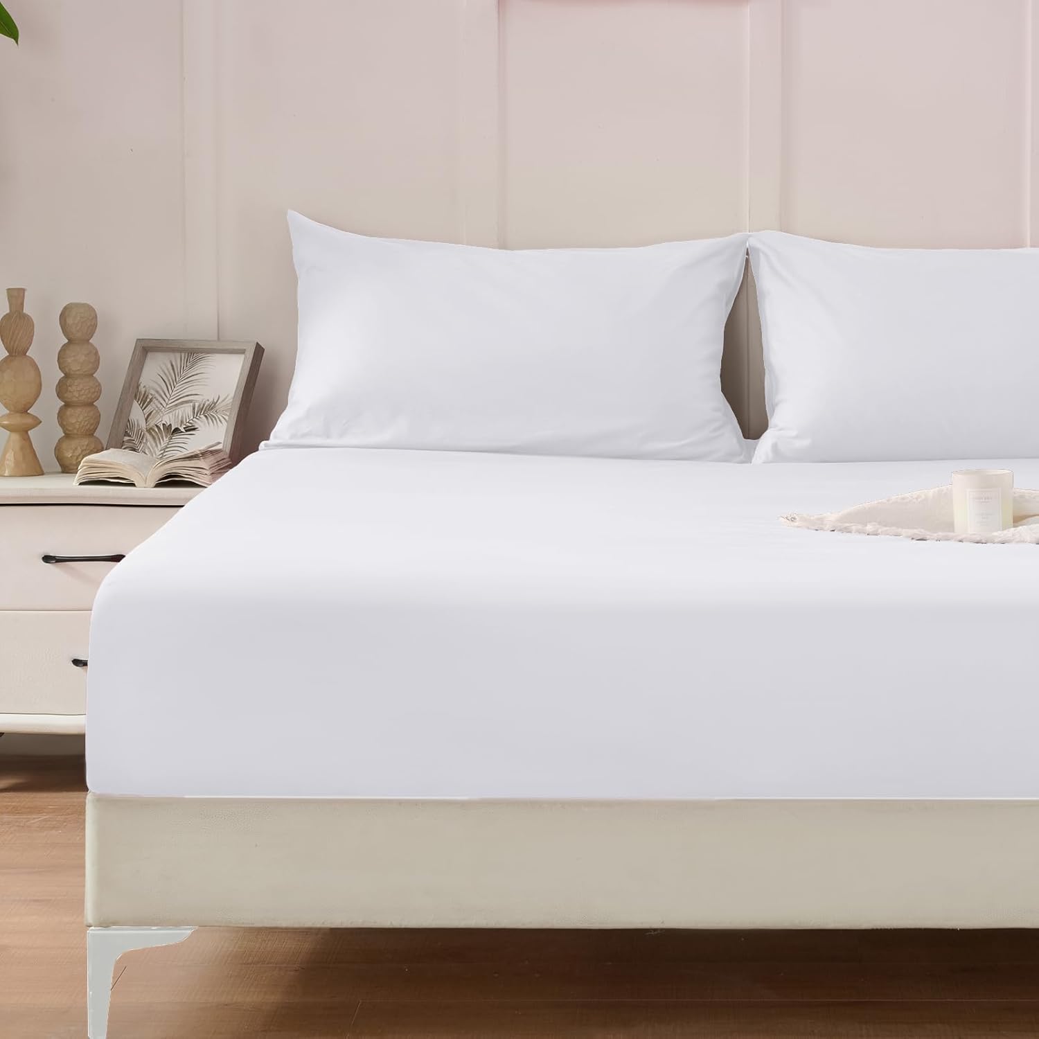 Homiest 3PCS Pure Cotton Fitted Sheet & Pillowcase Set, Queen Size, 400 Thread Count, Soft & Breathable, 15 Inch Deep Pocket, Luxury 5-Star Hotel Quality Cotton Sheets, White