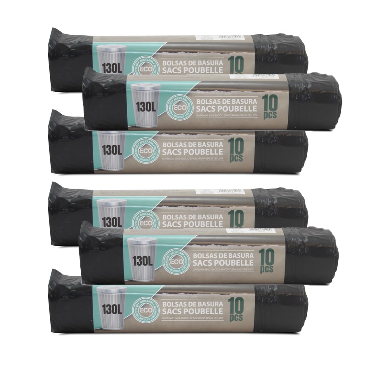 Paquete de 6 Rollos de 10 Bolsas de Basura de 130L con Cierre de Cordón, Gran Capacidad, Ultra Resistente, Antifugas